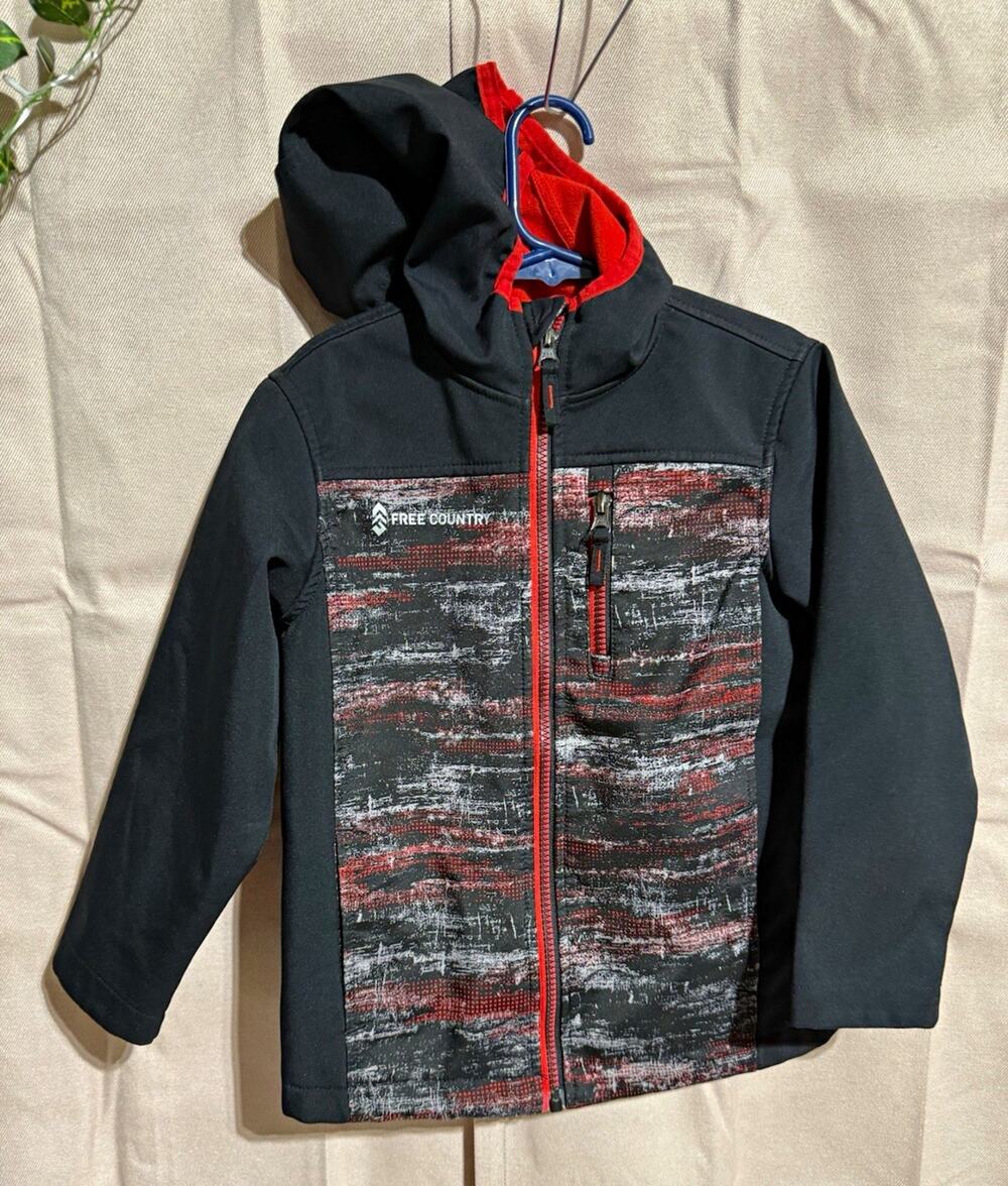 Free Country Boys Hooded Softshell Full-Zip Jacket w/ Pockets Black/Red 5/6